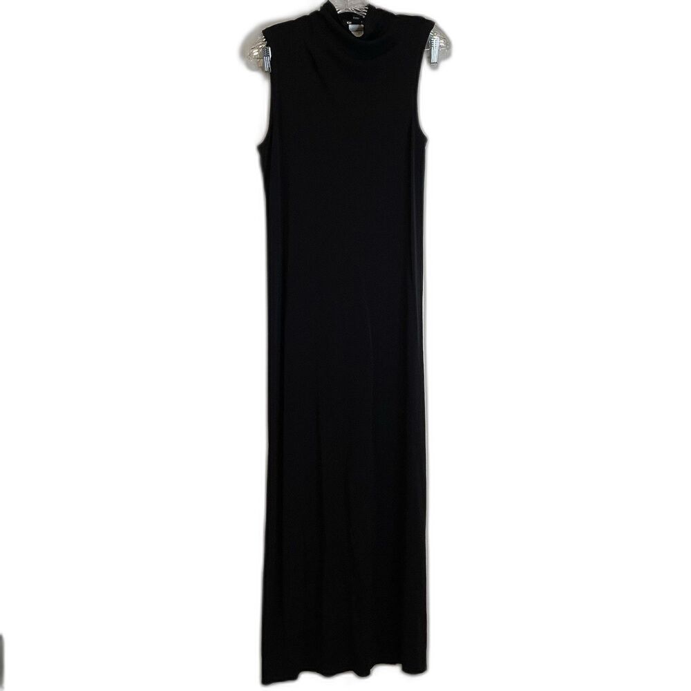 DKNY Womens Maxi Dress Black Sleeveless Mock Neck Stretch Snap Neck Size Lg